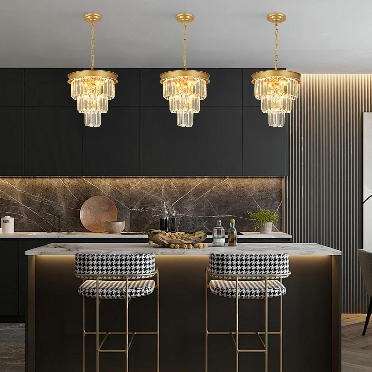 Crystal Chandeliers for Dining Room Light Fixtures Over Table，4-Lights Modern Gold Crystal Pendant Lighting Fixture，3 Tiers Small Chandeliers for Kitchen Island Bedroom Entryway D12 Inch