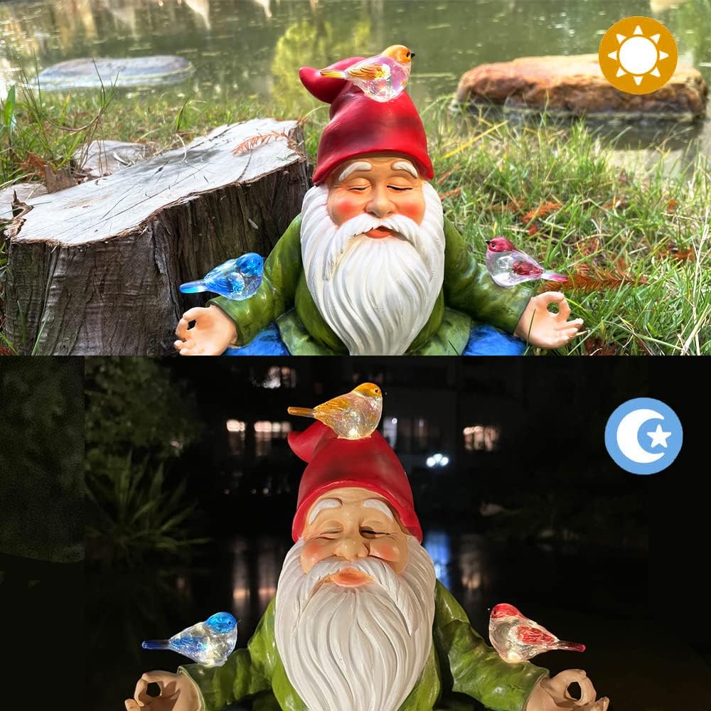 Solar Powered Gnome with Red Hat and 3 Birds, Resin Garden Ornament with LED Light, Lawn Figurine Outdoor Decoration Statue (Gnome with 3 Birds)