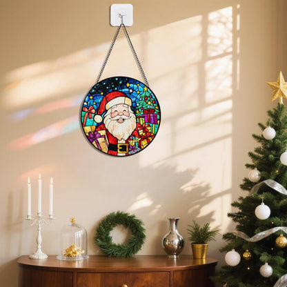 Santa Stained Glass Window Hanging, Santa Claus Suncatcher for Doors Home Sun Catchers Decoration and Christmas, Mother's Day Birthday Gifts for Women, Men, and Mom (8 Inch)