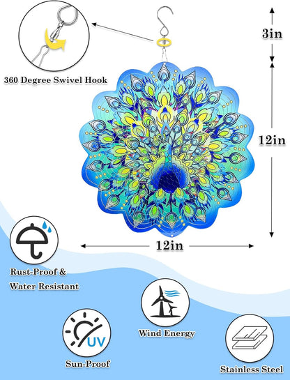Peacock Wind Spinners Outdoor Hanging Decor - 12 Inch Peacock Garden Decor for Outside, 3D Stainless Steel Metal Wind Spinners, Yard Decorations Outdoor Gardening Gifts for Women