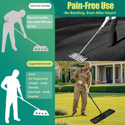 Lawn Leveling Rake 17 x 10 Inch Stainless Steel Heavy Duty Ground Leveler, Flipping-Resistant Smooth Edge, Adjustable Handle 28–60 Inches for Backyard Landscape, Garden, Golf Course, Farm, Pasture.