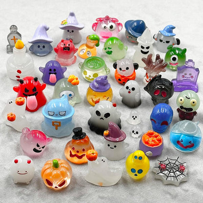 Suartus Halloween Mini Resin Figures 39 Styles Tiny Resin Figurines Kit to Hide Cute Pumpkin Ghost Skull Luminous Miniature Figures Bulk for Halloween Party Favors Outdoor Garden Landscape Decor