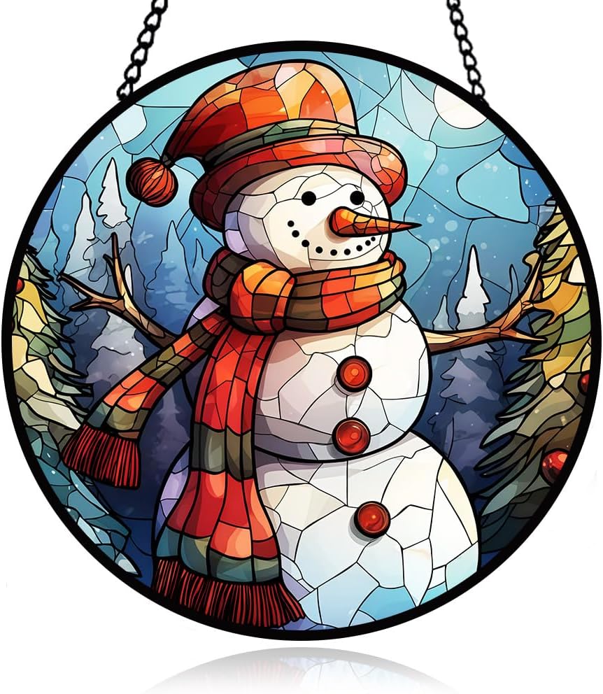 Snowman Stained Glass Window Hanging, Snowman Suncatcher Panel for Indoor Outdoor, Xmas Glass Hanging Ornament for Wall, Balcony, Porch Décor, Christmas Party Decoration Gifts for Boys Girls, Family