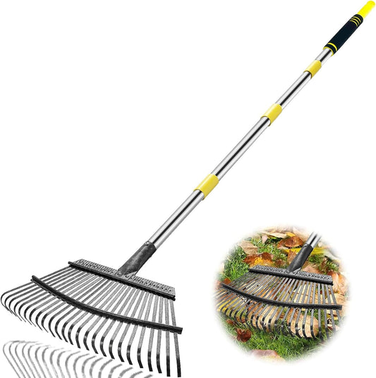 Rake Heavy Duty 6FT Long Garden Rakes , 18.5 Inch Wide Leaf Rake for Lawns, 25 Metal Tines, Adjustable Stainless Steel Handle for Leaves, Yards, Grass, Garbage, Weeds, Debris (Yellow)