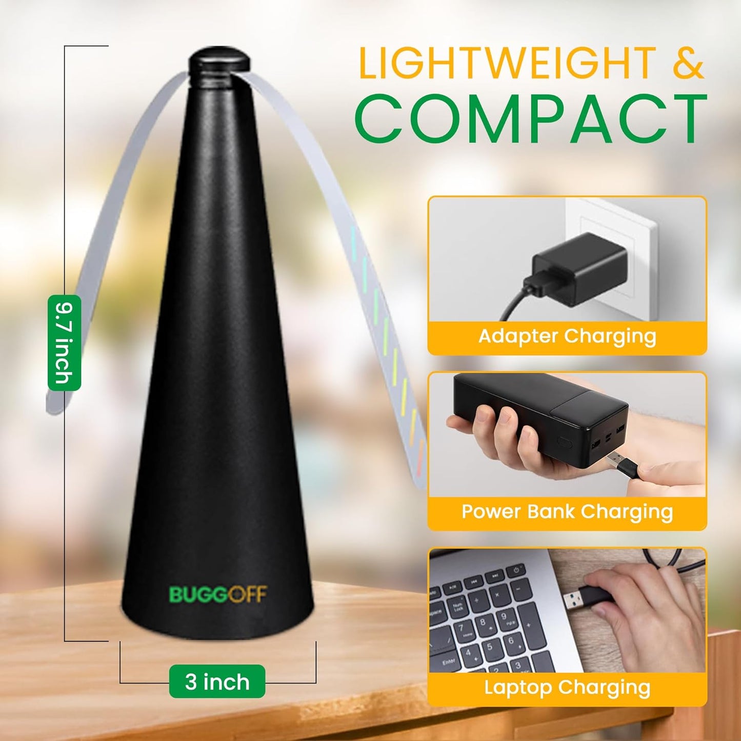 BUGGOFF White Fly & Flying Insect Repellent Fan with Twin Blades, Table top & Hangable, Battery Powered, USB C Chargable with Cable Included. Safe Blades with Auto Stop. (4 Pack)
