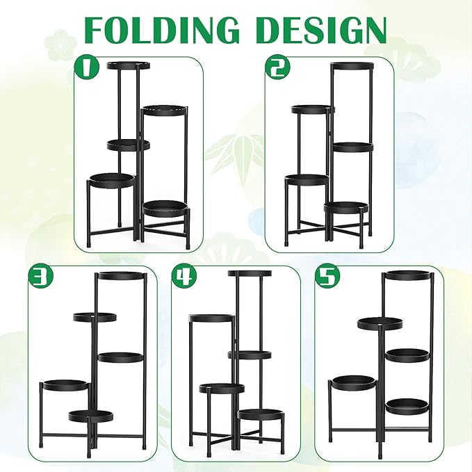 Plant Stand Indoor Outdoor 5 Tier Foldable Corner Tall Plant Shelf for Multiple Plants, Black Metal Tiered Plant Stand Sturdy and More Balanced for Garden Patio Lawn Balcony (5 tier)