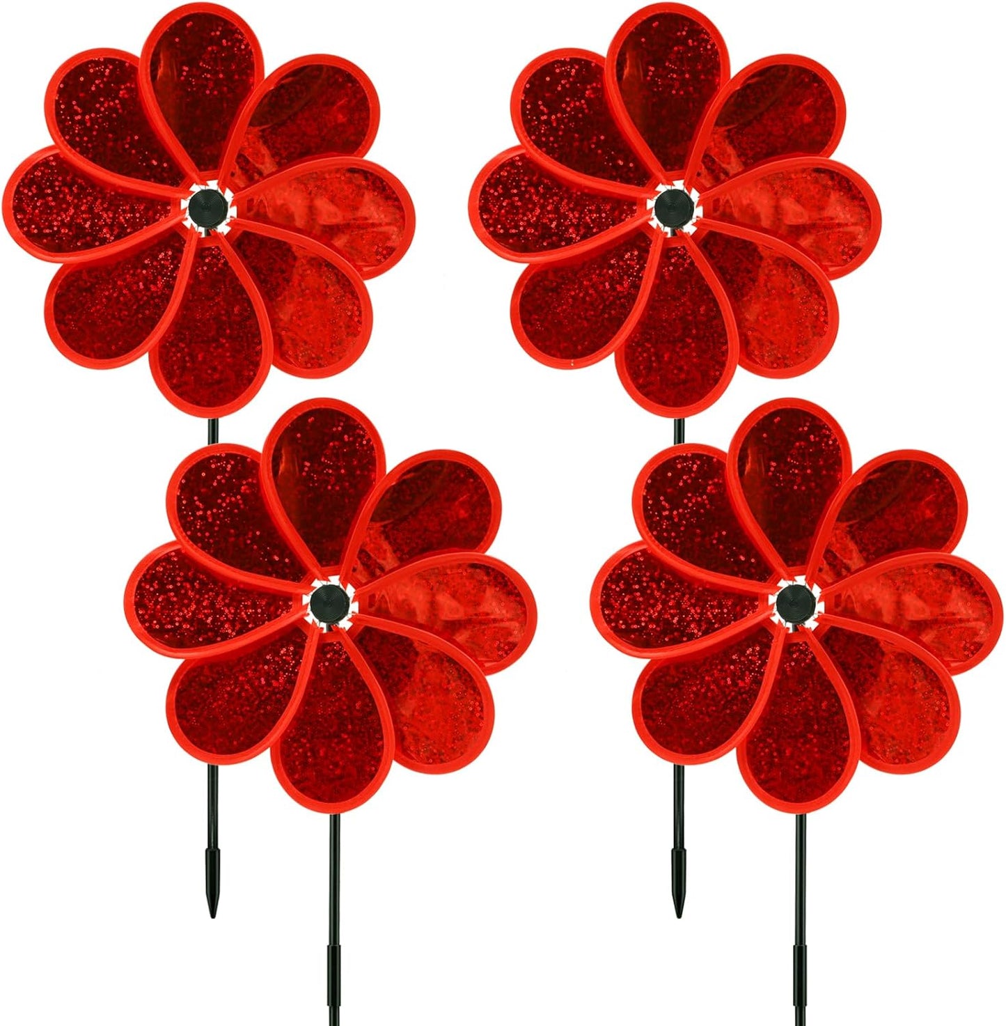 4PCS Flower Wind Spinner Sparkly Lawn Pinwheel 11.8 inch Red Garden Windmill for Garden, Party, Christmas Outdoor, Yard Decor