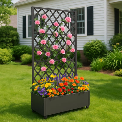 Metal Planter Box with Diamond Lattice Trellis - 72"x35" Galvanized Raised Garden Bed on Wheels for Climbing Plants and Vines, Black Finish