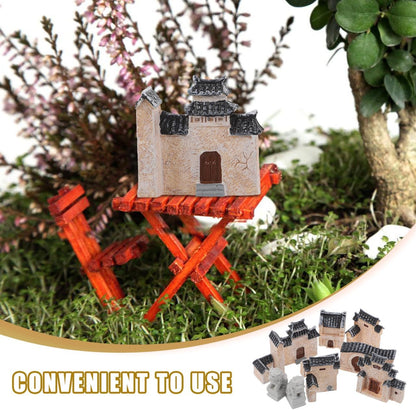 DECHOUS 10Pcs Miniature Village House: Resin Miniature Fairy Garden Houses with Chinese Stone Lion Statue - Micro Landscape Cottage Ornaments Kit for DIY Garden Bonsai Terrarium