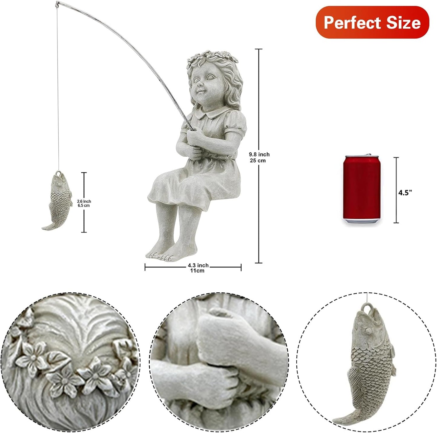 Goodeco Fishergirl Statue Garden Decor - 11" Little Fishing Guy for Koi Pond or Waterfalls, Poolside Statue with Glow in Dark Pebbles Included, Great Gifts for Mom, Women or Birthdays, Gift Ideas