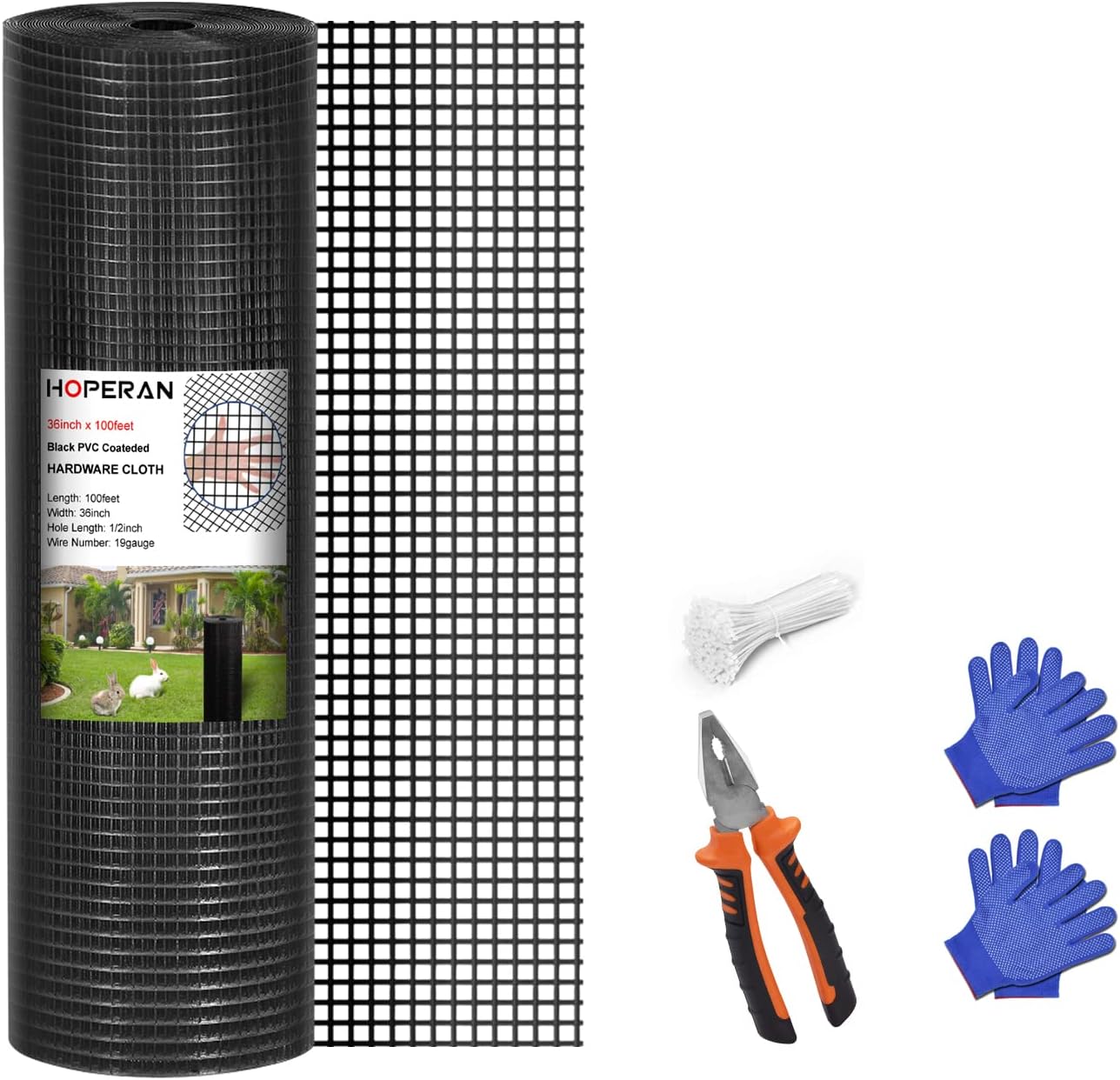 HOPERAN Black Hardware Cloth 1/2 inch 36 x 100 Ft Mesh 19 Gauge PVC Coated Chicken Wire - Vinyl + Galvanized Double Coated Fence - Welded Wire Mesh Roll for Chicken Coop Fencing Garden Fencing