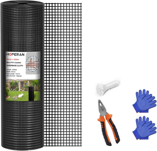 HOPERAN Black Hardware Cloth 1/2 inch 36 x 100 Ft Mesh 19 Gauge PVC Coated Chicken Wire - Vinyl + Galvanized Double Coated Fence - Welded Wire Mesh Roll for Chicken Coop Fencing Garden Fencing