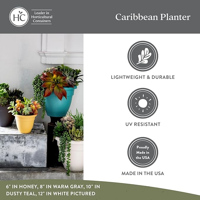 The HC Companies Caribbean Planter Pot - Outdoor & Indoor Plant Pot with Drainage Hole & Plug - Rolled Rim Plastic Pots for Plants & Flowers - Decorative Plant Pot (8" Cottage Stone, Pack of 4)