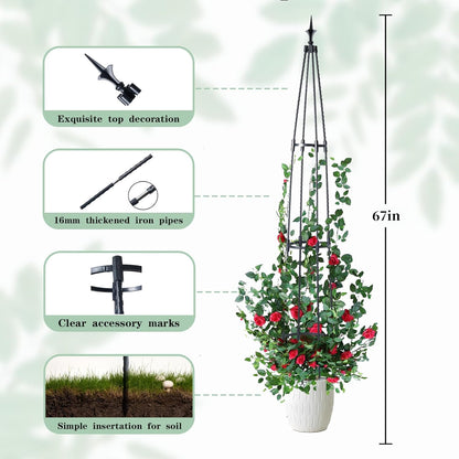 Garden Obelisk Trellis for Climbing Plants, 67inch lron Pipe Wrapped in Plastic Plant Support, Rust-Resistant Outdoor Garden Structure for Roses, Vines, and Flowers, Easy Assembly, Durable Design.