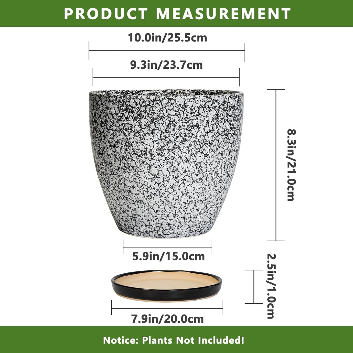 10 Inch Plant Pot - Ceramic Planter for Indoor Outdoor, Round Large Plant Pots, Modern Planter with Drainage Hole and Tray, Home Room Office Garden Decor, Gifts for Women Men, White-Black
