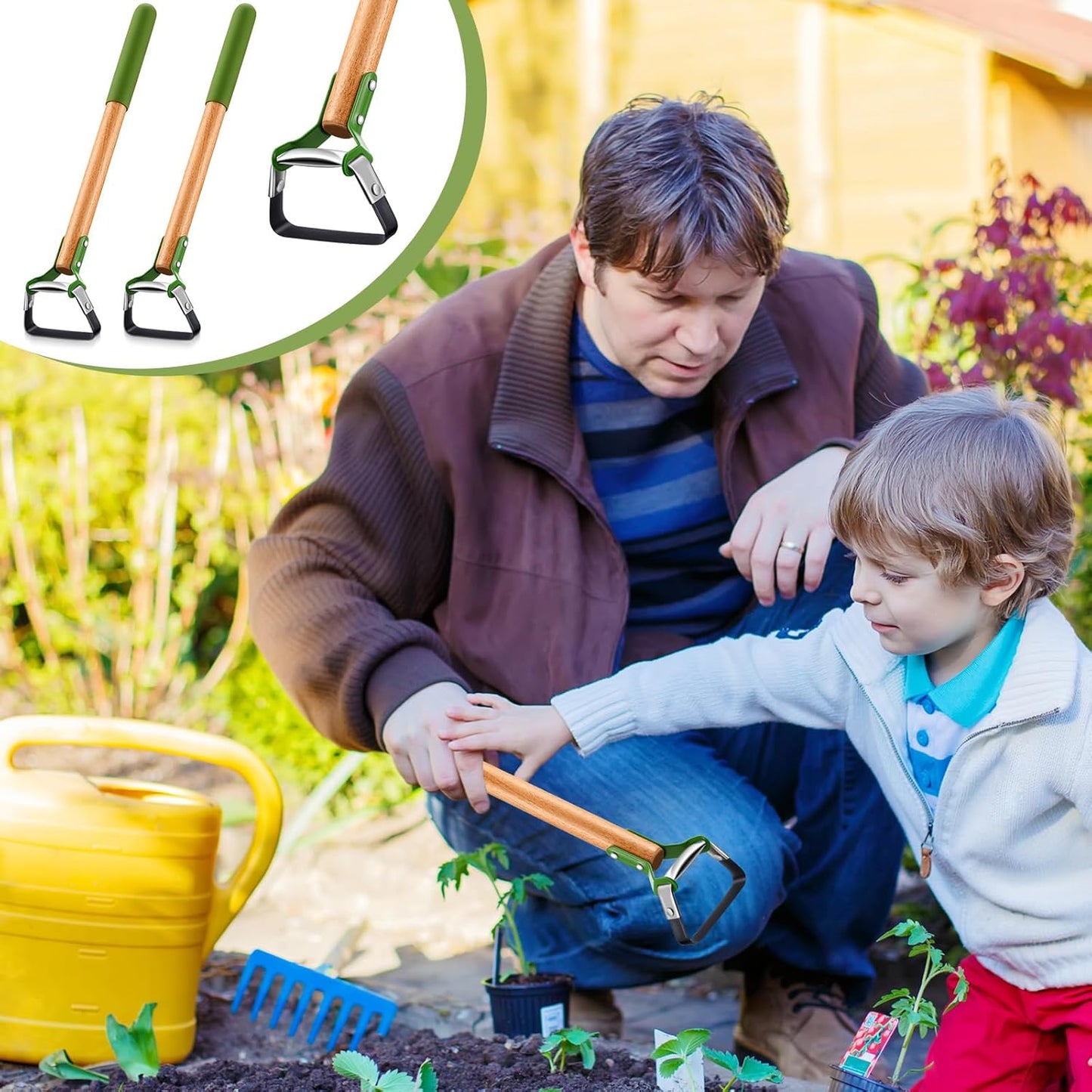 2 Pcs Mini Garden Hula Hoes for Weeding 17 Inch Long Stirrup Hoe Tools Scuffle Hoe Garden Tool for Lawn Yard Weeding Gardening with Wood Handle