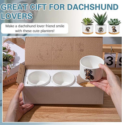 3 Pcs Dachshund Decor Gift for Christmas Women Planter Ceramic Gift Animal Plant Pot with Bamboo Tray for Office Home Farm House Bathroom Kitchen Decorations (No Plants Included)