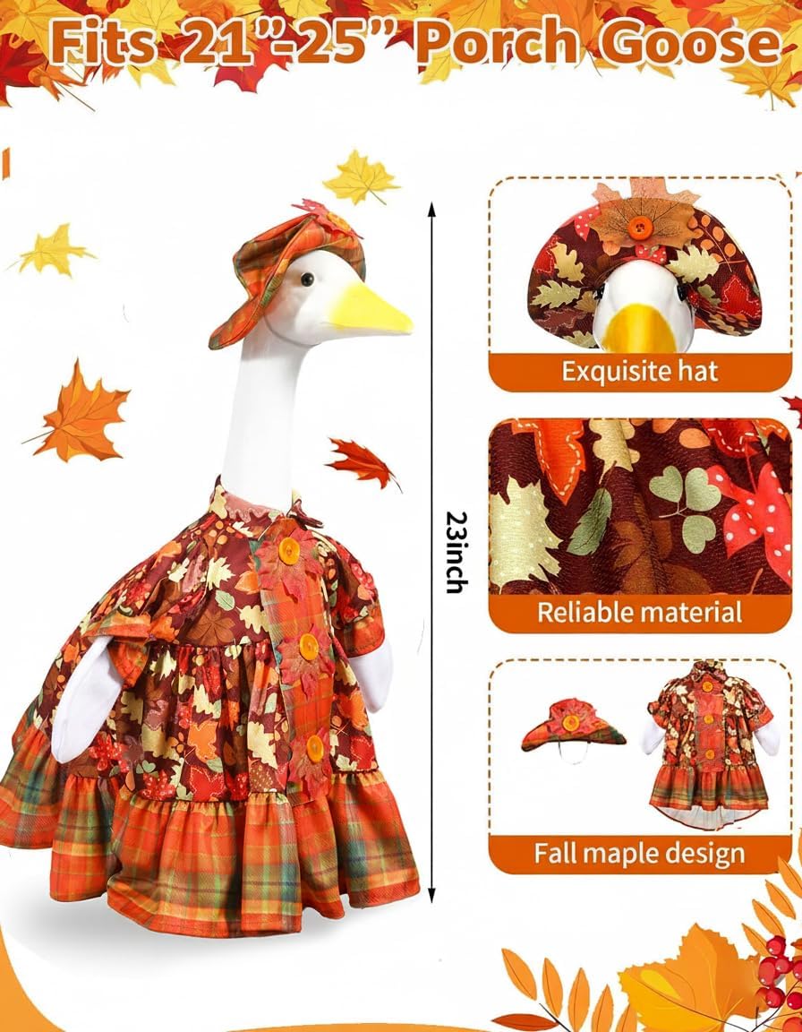 Fall Porch Goose Outfits with Maple Leaf Design, 2 Pcs/Set Lawn Cement Goose Clothes for Thanksgiving Day, 23" Patio Yard Garden Geese Decoration