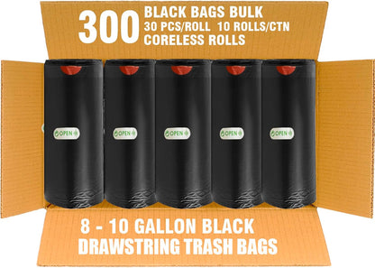 8-10 Gallon Trash Bags Drawstring, 300 Count Bulk, Black & Unscented Multi-purpose Garbage Bags for Business Home Bathroom Kitchen Commercial and Industrial