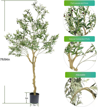 Tall Faux Olive Tree，7ft（84in） Realistic Potted Silk Artificial Indoor with Green Leaves and Big Fruits for Home Office Living Room Bedroom Stairs Foyer Decor.