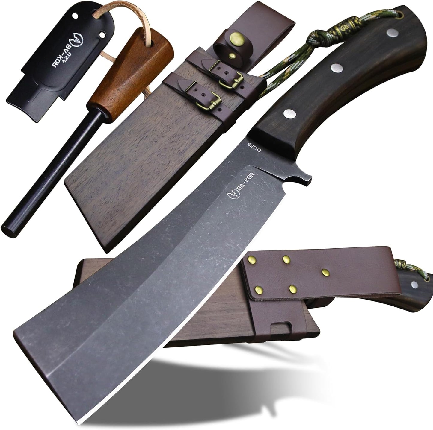 BA-KOR (Pioneer ) (14.6") DC53 steel 6mm thickened full Tang fixed knife+ Wooden sheath &(5.9IN) Cerium Igniter, suitable for outdoor hunting, cutting, chopping, camping, obstacle removal, exploration, fishing, EDC, BBQ (BA-Kb-0A)