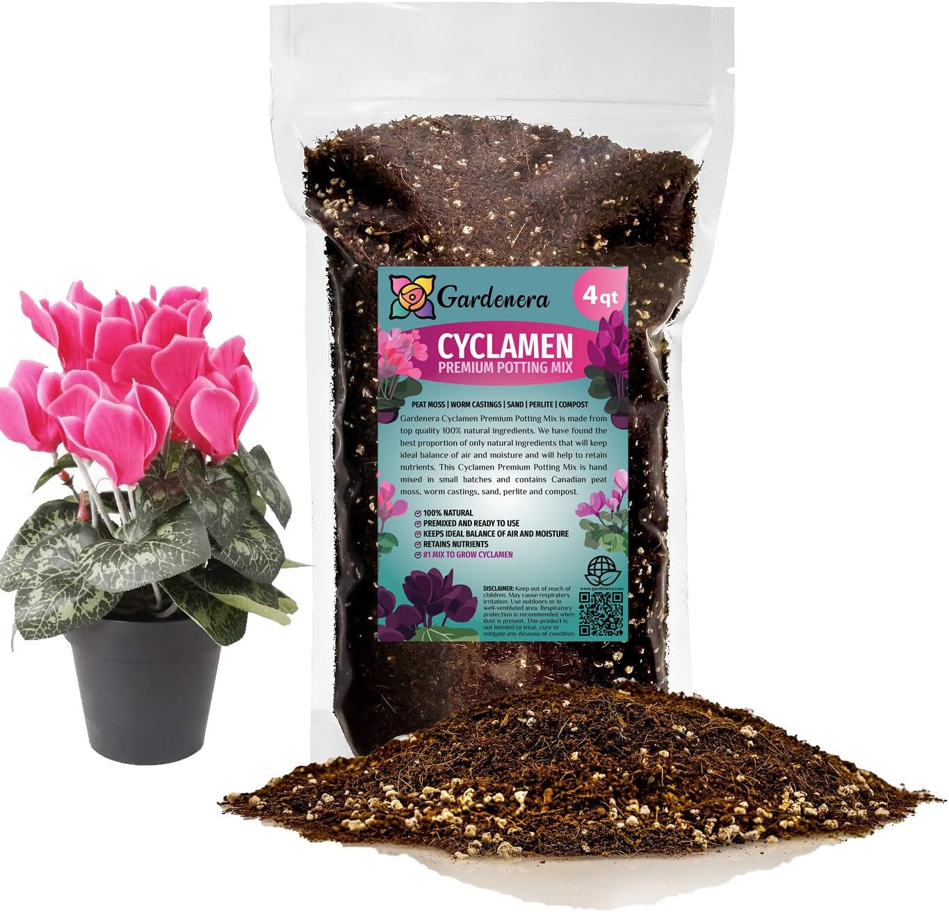 Gardenera Premium Cyclamen Potting Soil Mix - Perfect Balance of Nutrients, Drainage, and Aeration for Thriving Blooms - 4 Quart