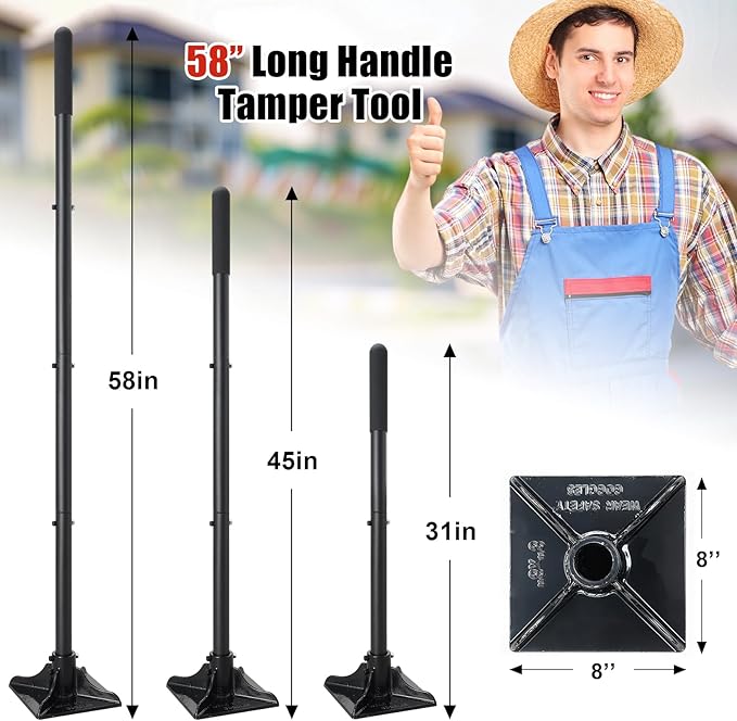 Steel Tamper Tool, Heavy Duty Garden Ground Steel Tamper Tool Kit Long Handle 58 Inch, 8x8” Square Dirt Hand Tamper Landscaping Garden Tools for Leaving Soil, Sand, Gravel, Asphalt, Driveway
