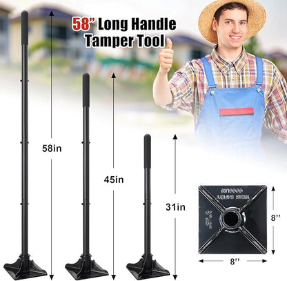 Steel Tamper Tool, Heavy Duty Garden Ground Steel Tamper Tool Kit Long Handle 58 Inch, 8x8” Square Dirt Hand Tamper Landscaping Garden Tools for Leaving Soil, Sand, Gravel, Asphalt, Driveway