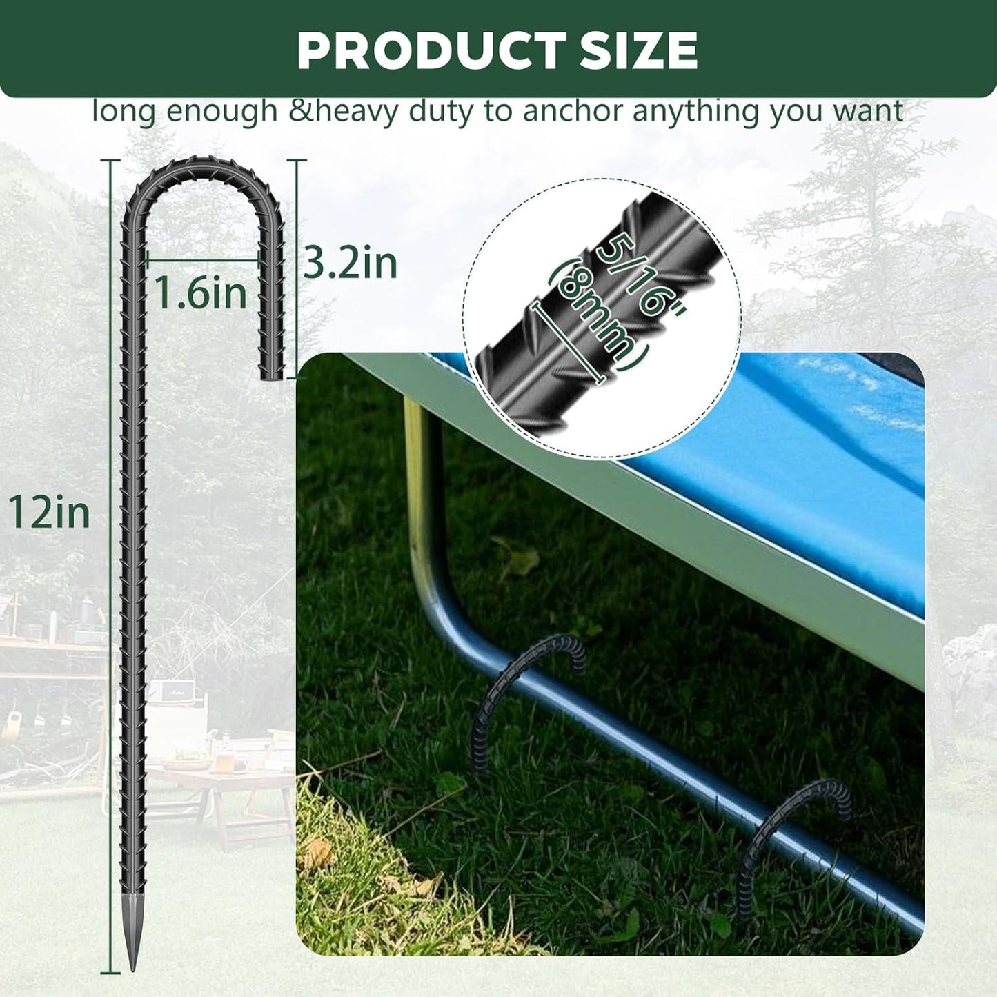 30 Pieces 12 Inch Long 5/16 Inch Diameter Rebar Tent Stakes Heavy Duty, Ground Anchors,Rebar Yard Fence Metal Lawn Bounce House Stakes Heavy Duty, Chain Link Fence J Hooks for Garden Wire Fencing