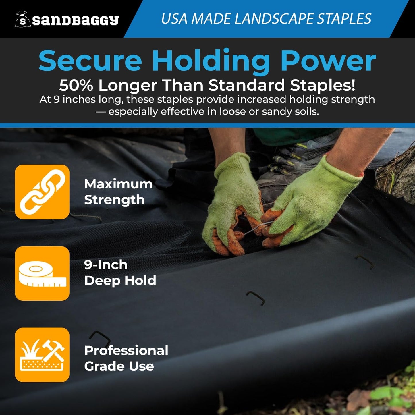 Sandbaggy USA Made 9-inch Landscape Staples - Garden Stakes - Landscaping Fabric, Netting, Sod, Artificial Turf (11 Gauge, 1000, Count)