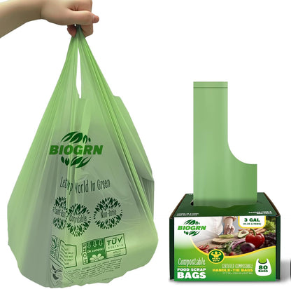 2.6-3 Gallon Compostable Trash Bags with Handles 80 Count 0.67 Mil 11.36 L Small Kitchen Wet Food Scrap Waste Compost Bag for Countertop Bin ASTM D6400 US BPI and OK Compost Home Certified