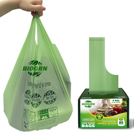 2.6-3 Gallon Compostable Trash Bags with Handles 80 Count 0.67 Mil 11.36 L Small Kitchen Wet Food