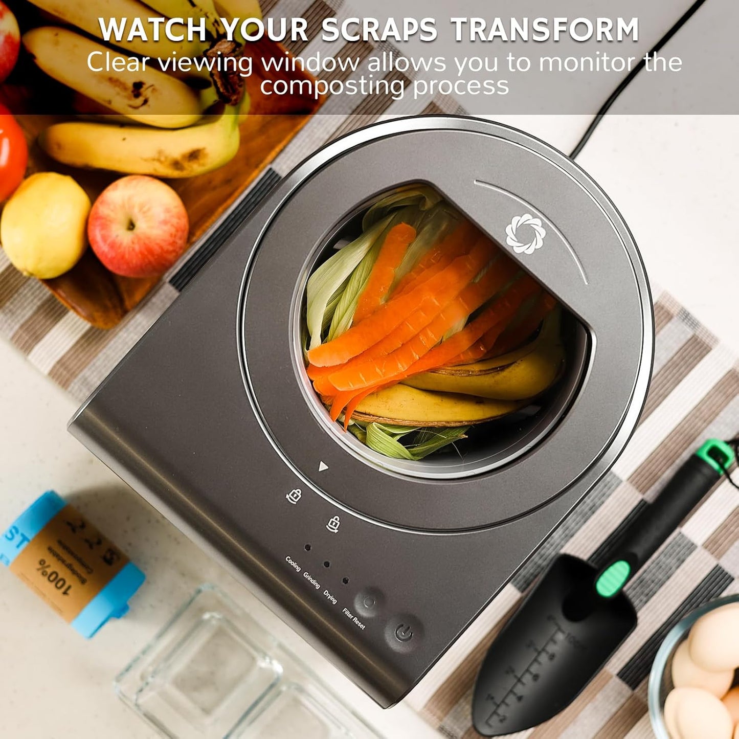 Airthereal Revive Electric Kitchen Composter with Visual Cover, Upgraded SHARKSDEN® Tri-Blade, Turn Food Waste and Scraps into Natural Fertilizer for Plants, R500-V, Grey