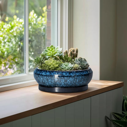 Bonsai Pots - 13 Inch Ceramic Succulent Pots for Indoor Outdoor, Large Succulent Planter with Drainage Hole and Saucer, Round Shallow Flower Planters, Porch Decor, Gardening Gifts, Blue