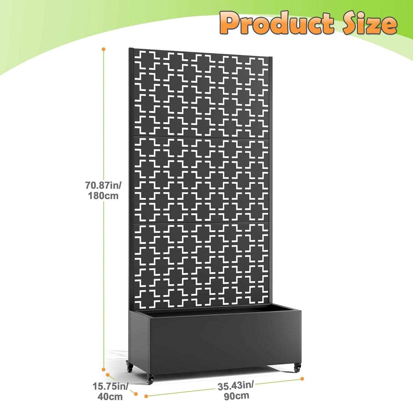 Metal Raised Garden Bed with Trellis, 2-in-1 Planter Box & Privacy Screen for Climbing Plants, Outdoor Standing Flower Bed with Drainage Holes, 35.4" L x 15.7" W x 70.1" H, Black-Square