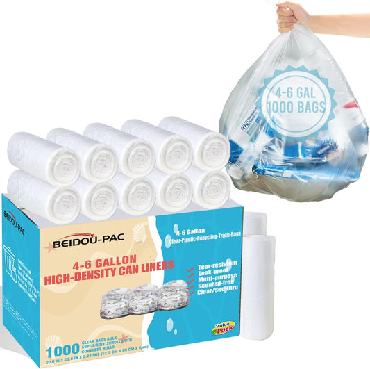 4-6 Gallon Trash Bags, 1000 Count Bulk Value Pack, Clear Plastic Recycling Bags, Multi-purpose