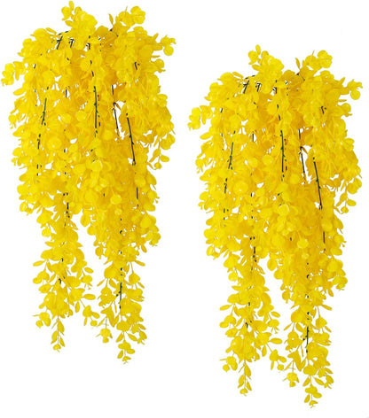 RECUTMS 4 Pack Artificial Hanging Plants Fake Eucalyptus Leaf Greenery Vine Plant UV Resistant Plastic Wall Decor for Ivy Patio Office Shelf Wedding (Pure Yellow)