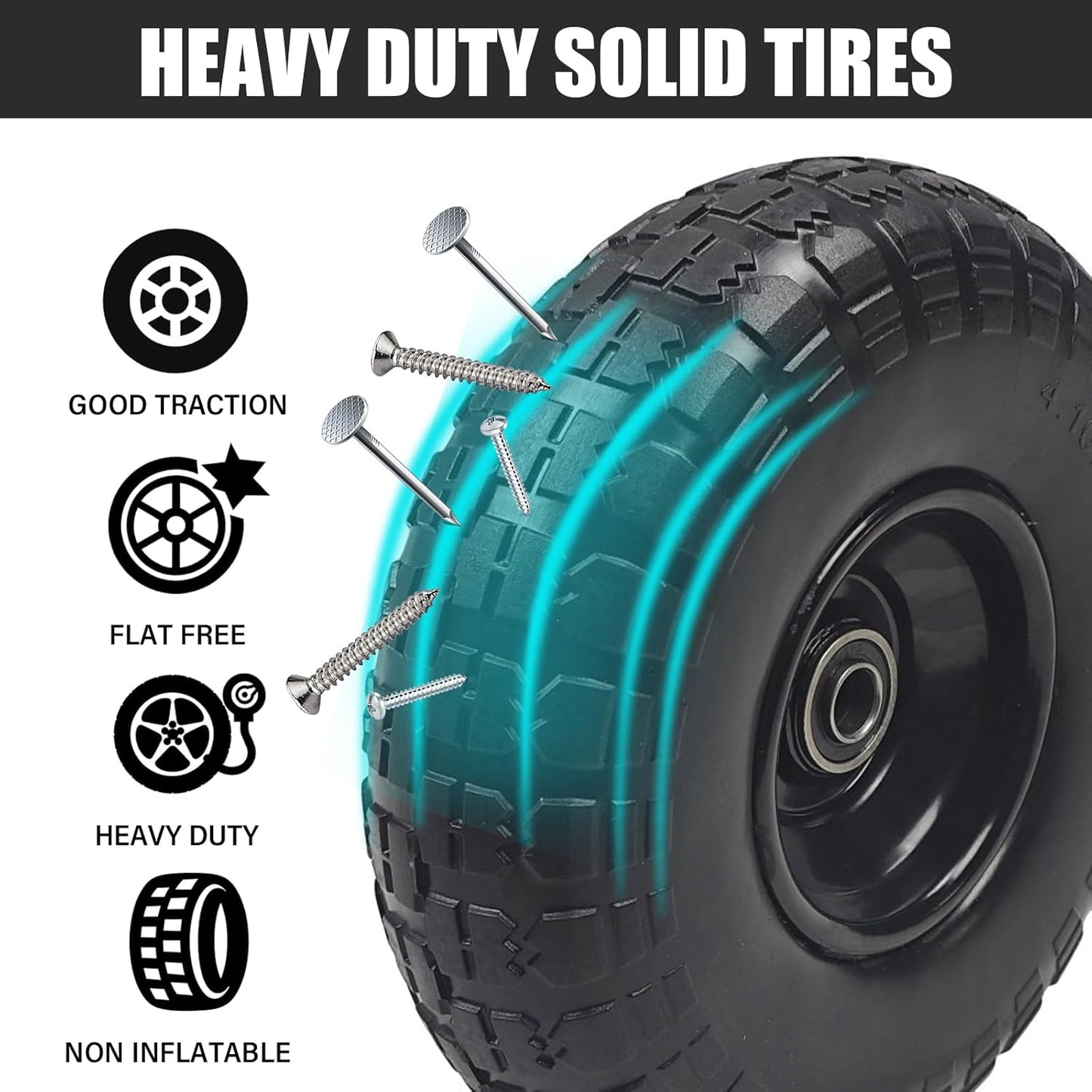 10" Solid Rubber Tires, 2 Pack Flat Free 4.10/3.50-4'' Wheels with 5/8” Axle Bore Hole and Double Sealed Bearings - Compatible with Hand Truck, Wheelbarrow, Dolly, Gorilla Carts, Black