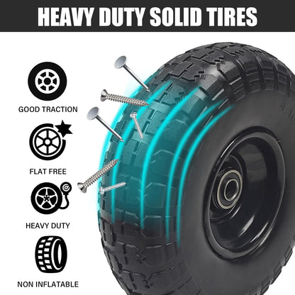 10" Solid Rubber Tires, 2 Pack Flat Free 4.10/3.50-4'' Wheels with 5/8” Axle Bore Hole and Double Sealed Bearings - Compatible with Hand Truck, Wheelbarrow, Dolly, Gorilla Carts, Black
