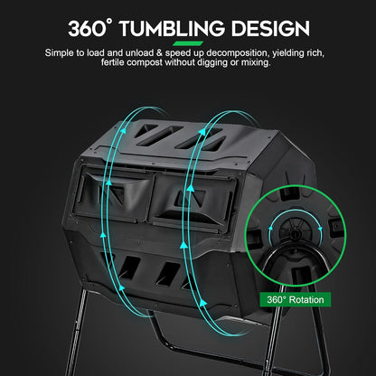 F2C Compost Bin Outdoor 43 Gallon Garden Dual Chamber Composter Bin - Bundled with Pearson's Gardening Gloves，BPA Free, Heavy-Duty Steel Frame, Rotating Tumbler with Sliding Doors | (Black)