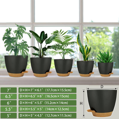 Self Watering Planters with Drainage Holes Reservoir,Nursery Planting Pot for Indoor Decor Garden Plants Succulents,Snake Plant, African Violet,Plastic Flower Pots Set 7+6.5+6+5.5+5 Inch (Black)