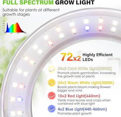 LORDEM 6.3” Ceiling Grow Light for Indoor Plants, 144 LEDs Full Spectrum Halo Grow Lamp, Under Cabinet Plant Lamp with 4/8/12H Auto Timer, 4 Dimmable Brightness Levels, Ideal for Pot Plants, Dual Head