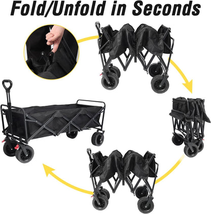 Beach Cart Large Capacity, Heavy Duty Folding Wagon Portable, Collapsible Wagon for Sports, Shopping, Camping Collapsible Foldable cart(440 LBS Capacity)