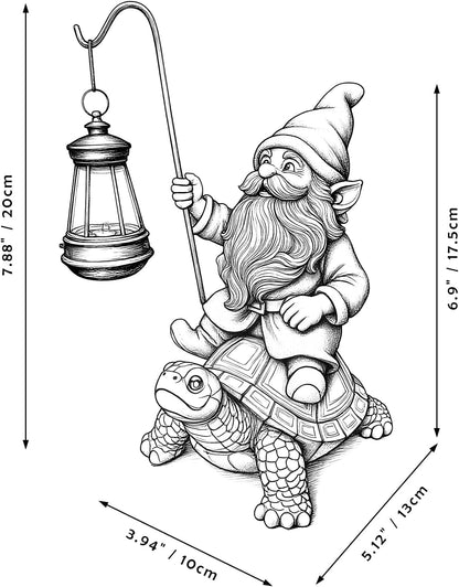 Garden Gnome Statue Riding Turtle - Garden Gnomes Decorations with Solar LED Lights, 7.9" Outdoor Resin Figurine Ornament for Patio, Yard, Funny Lawn Decor (Gray)