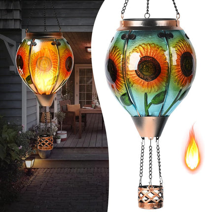 Hot Air Balloon Solar Lantern - Sunflower Glass Lantern, Simulated Flickering & Dancing Flame, Outdoor Hanging Yard Light Waterproof IP65 for Patio Lawn Porch Decor Gift