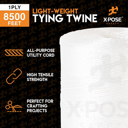 Polypropylene Tying Twine - 1 Ply White Plastic Poly Twine String 8500' Roll - Soft On Hands - Heavy Duty Outdoor & Indoor Tie Line - Baling Twine, Shipping & Bundling Twine, Packaging Rope 2 Pack