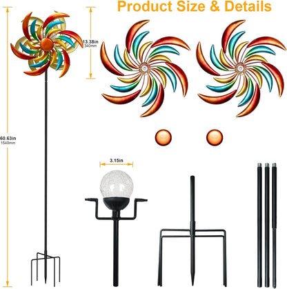 360° Wind Spinners Outdoor with Solar Lights Colored Leaves Garden Decor Yard Lawn Art Decor for Patio Kinetic Windmills 60.63'' H x 13.38'' Dia Unique Gifts for Friends and Family
