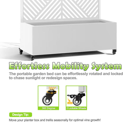 15.7"×70.9"×35.4" Metal Raised Garden Bed with Trellis and Wheels - Tall Trellis Planter Box for Climbing Plants, Vegetables & Vines - Outdoor Privacy Planters for Patio (White-Zodiac)