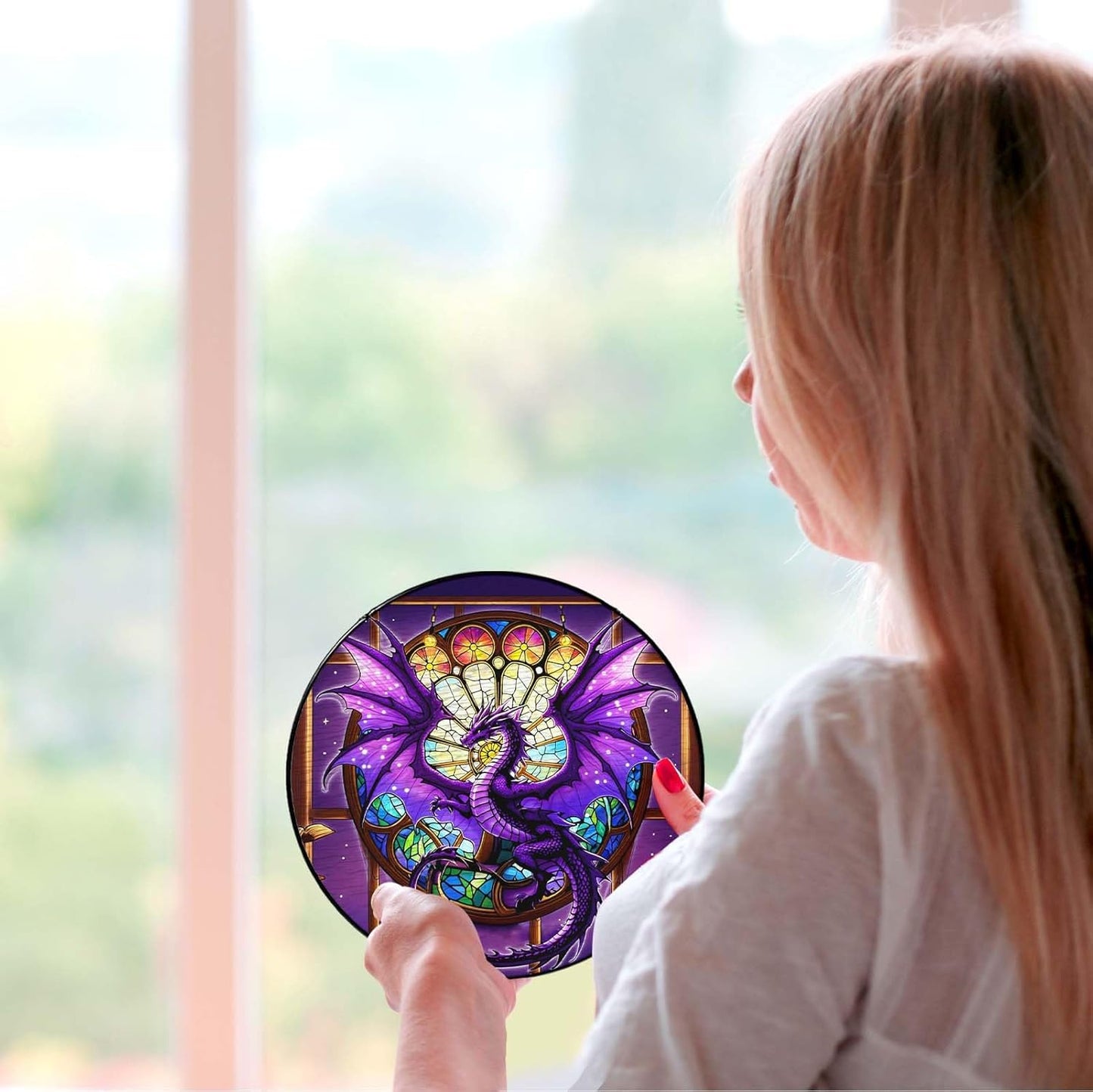 Purple Dragon Stained Glass Window Hanging Dragons SunCatcher Dragon Lovers Gifts for Kid Room Decor Handmade SunCatcher Decoration for Home Decor, 7.87inch