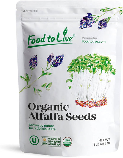 Food to Live Organic Alfalfa Seeds for Sprouting, 1 Pound - Non-GMO, Edible Seeds, Pure, Vegan, Kosher, Bulk. Rich in Vitamin K & C. High Germitation Rate. Grow Sprouts & Microgreens for Salads, Rolls